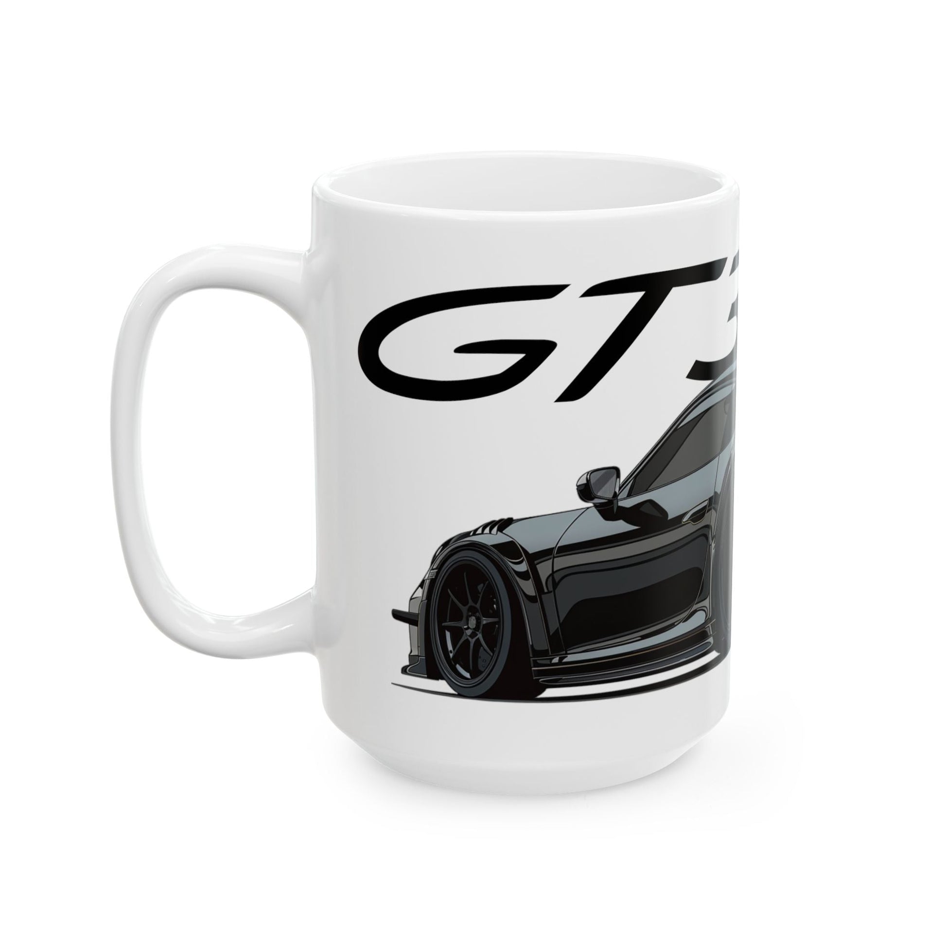 Left side view of the 15oz White Coffee Mug with a Porsche GT3 with the GT3 emblem placed behind the car. 