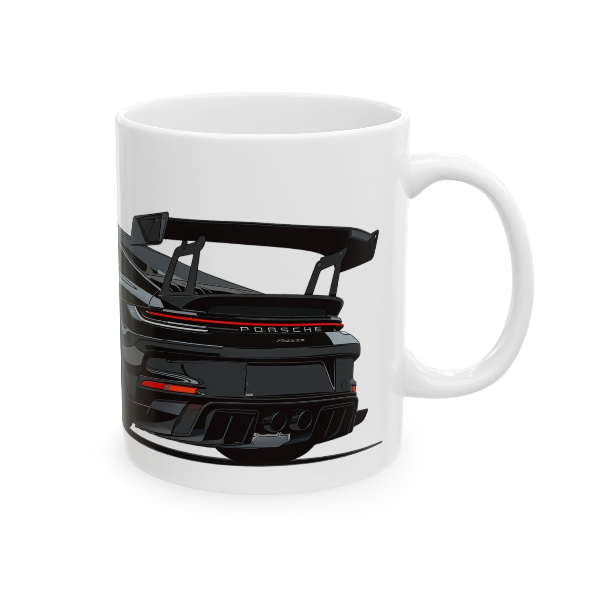 Right view of the 11oz White Coffee Mug with a Porsche GT3 with the GT3 emblem placed behind the car. 