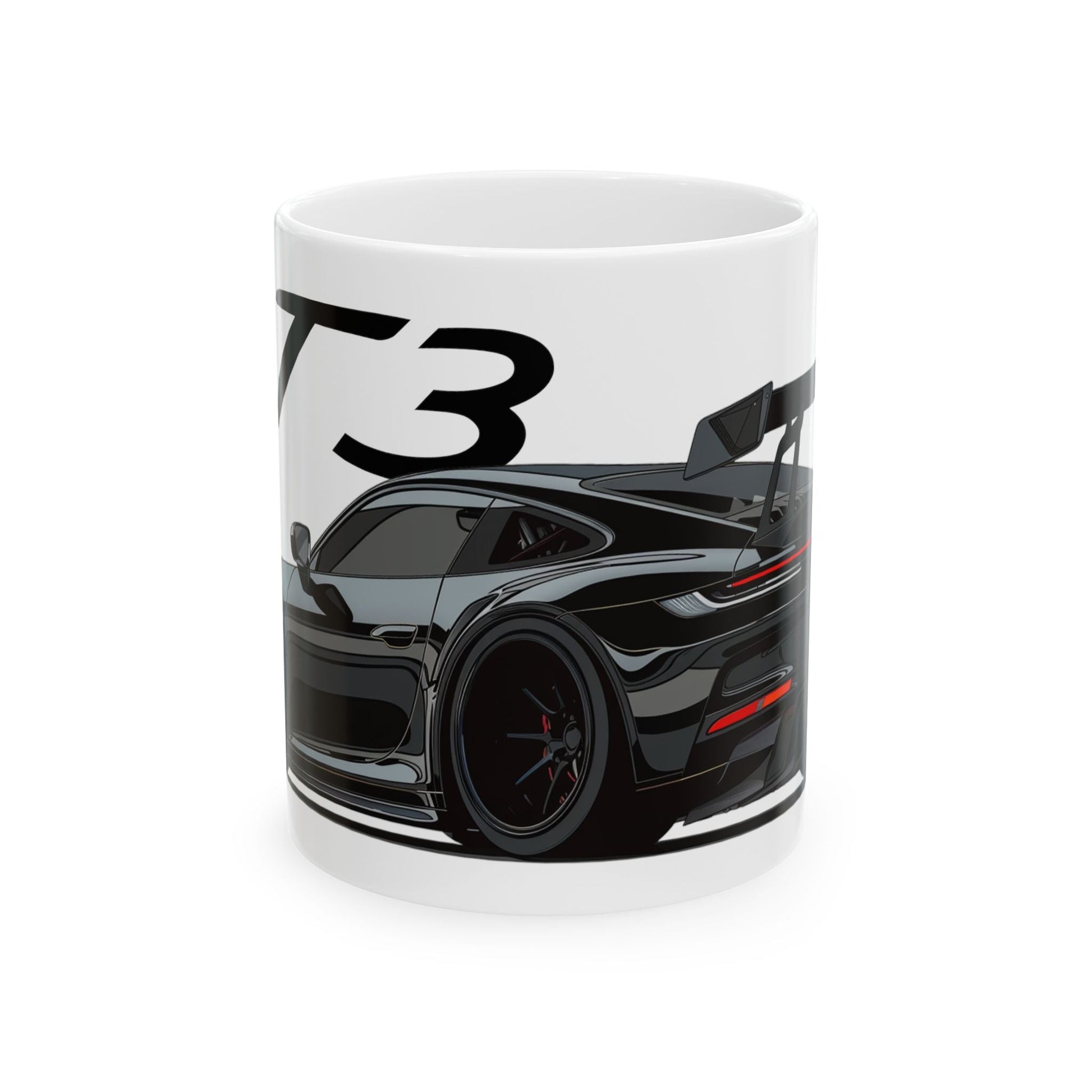 11oz White Coffee Mug with a Porsche GT3 with the GT3 emblem placed behind the car. 