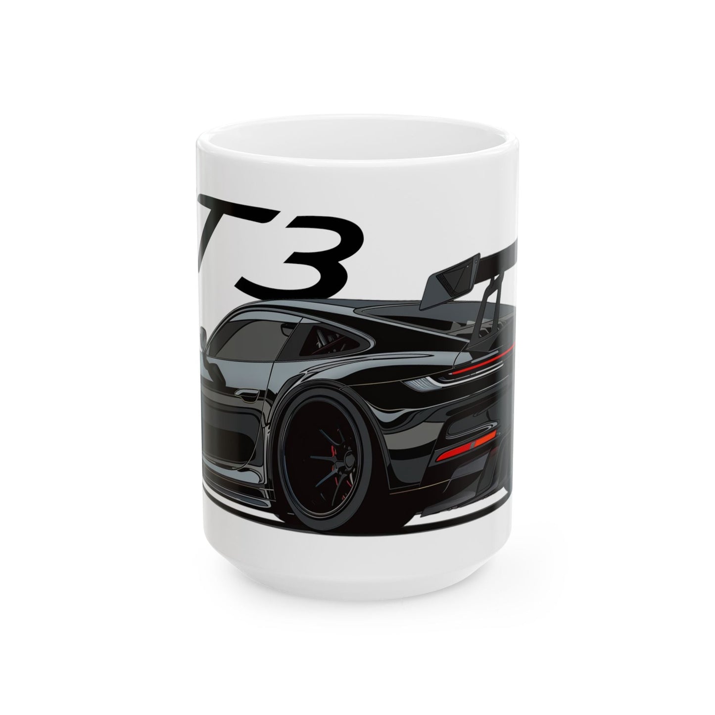 15oz White Coffee Mug with a Porsche GT3 with the GT3 emblem placed behind the car.   