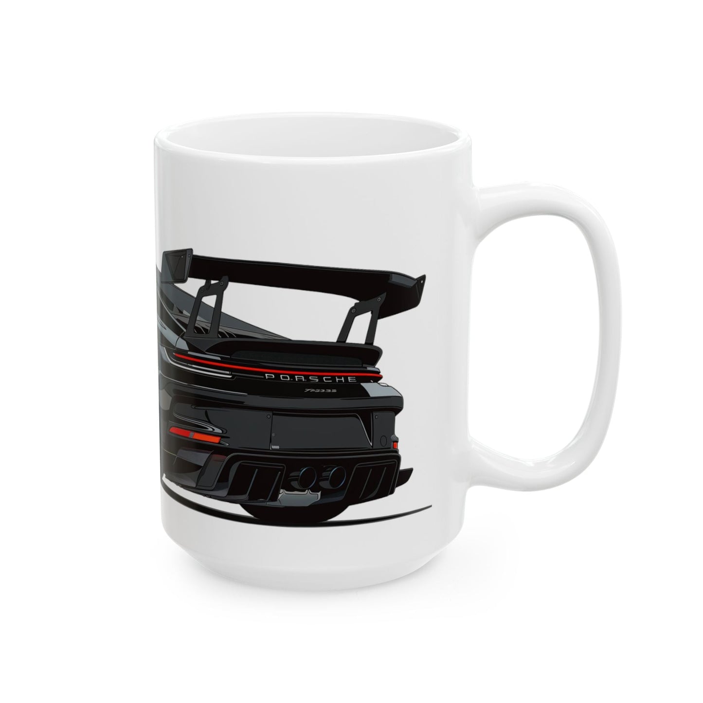 Right side view of the 15oz White Coffee Mug with a Porsche GT3 with the GT3 emblem placed behind the car. 