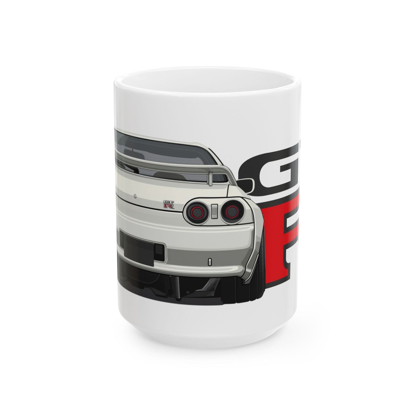 15oz White Coffee Mug with a Nissan Skyline R32 with the GTR emblem placed behind the car.   