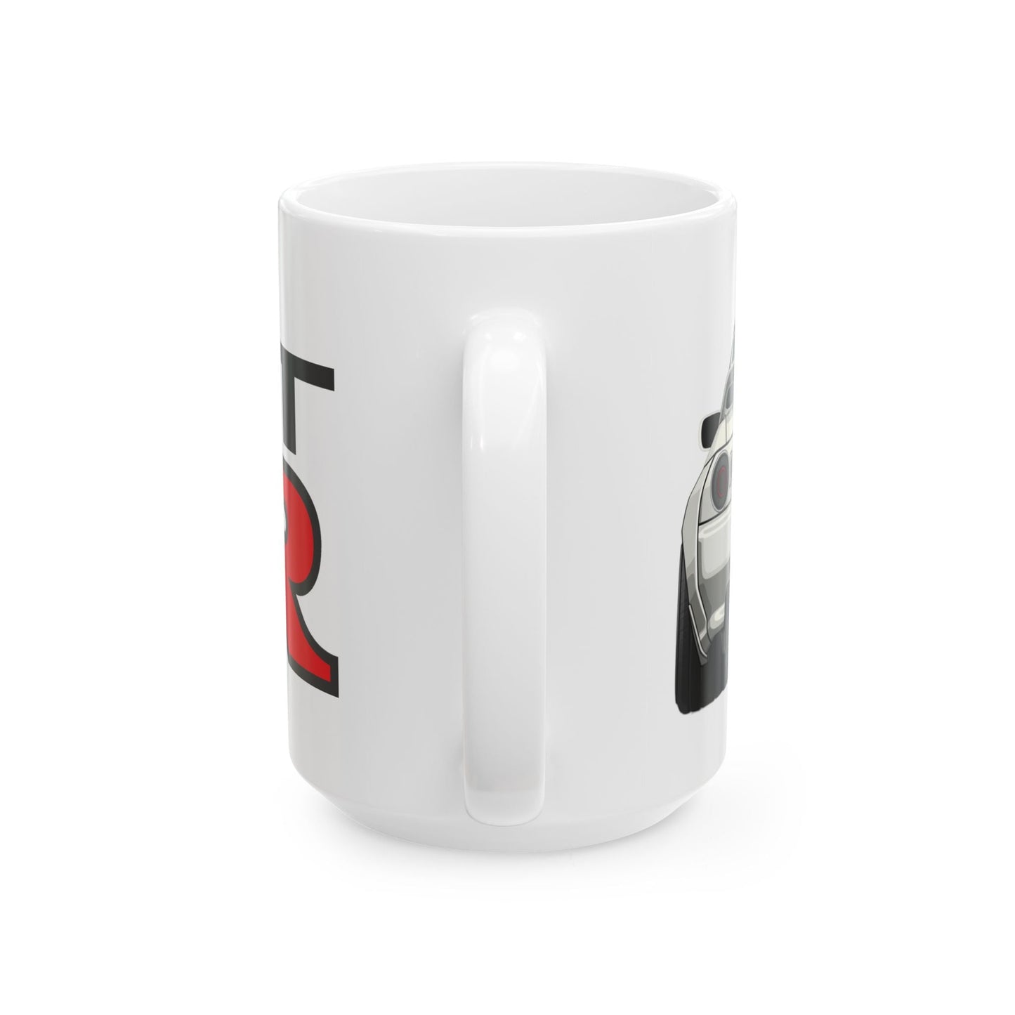 Mug handle view of 15oz White Coffee Mug with a Nissan Skyline R32 with the GTR emblem placed behind the car. 