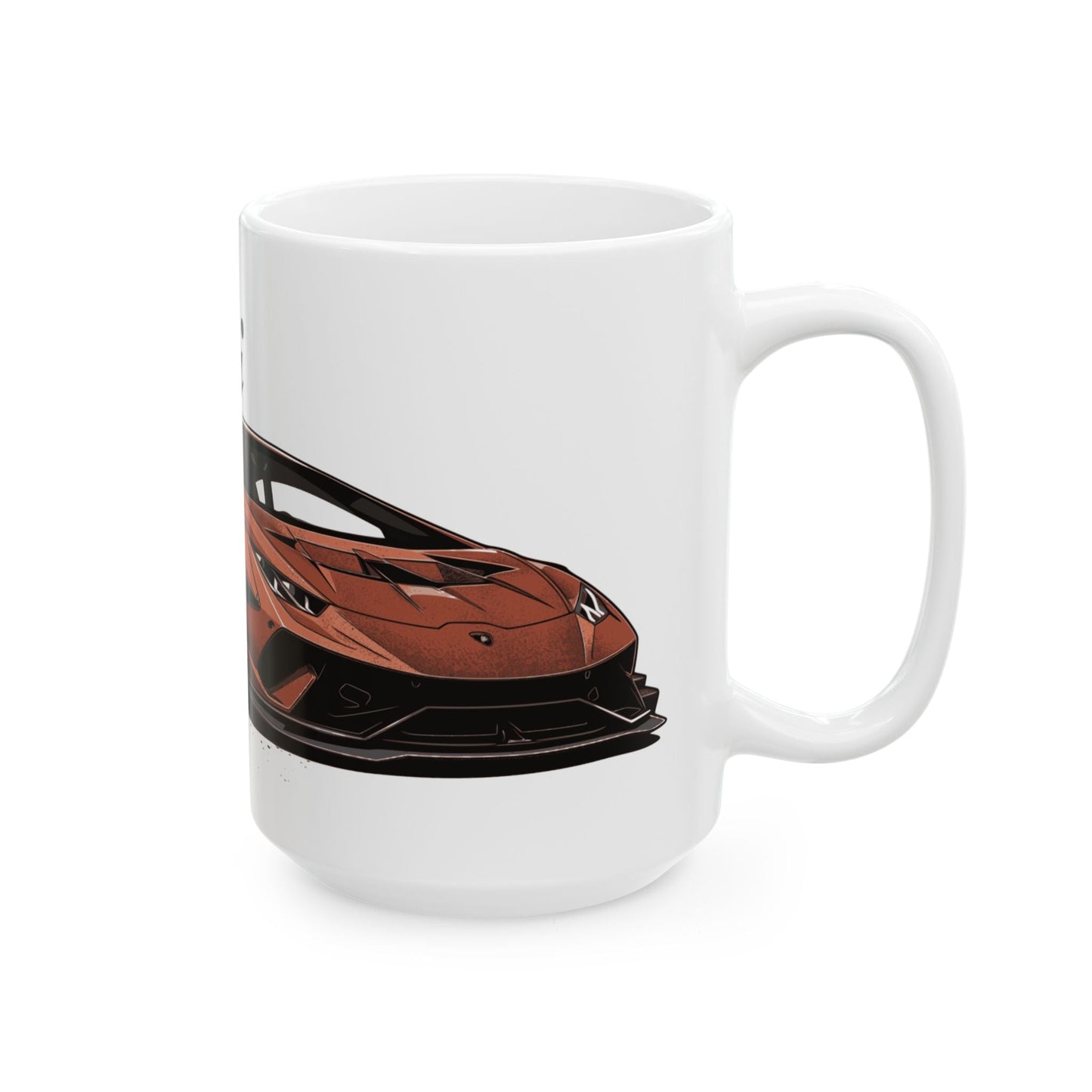 Right side view of the 15oz White Coffee Mug with a Lamborghini Huracán with the Lamborghini emblem placed behind the car. 