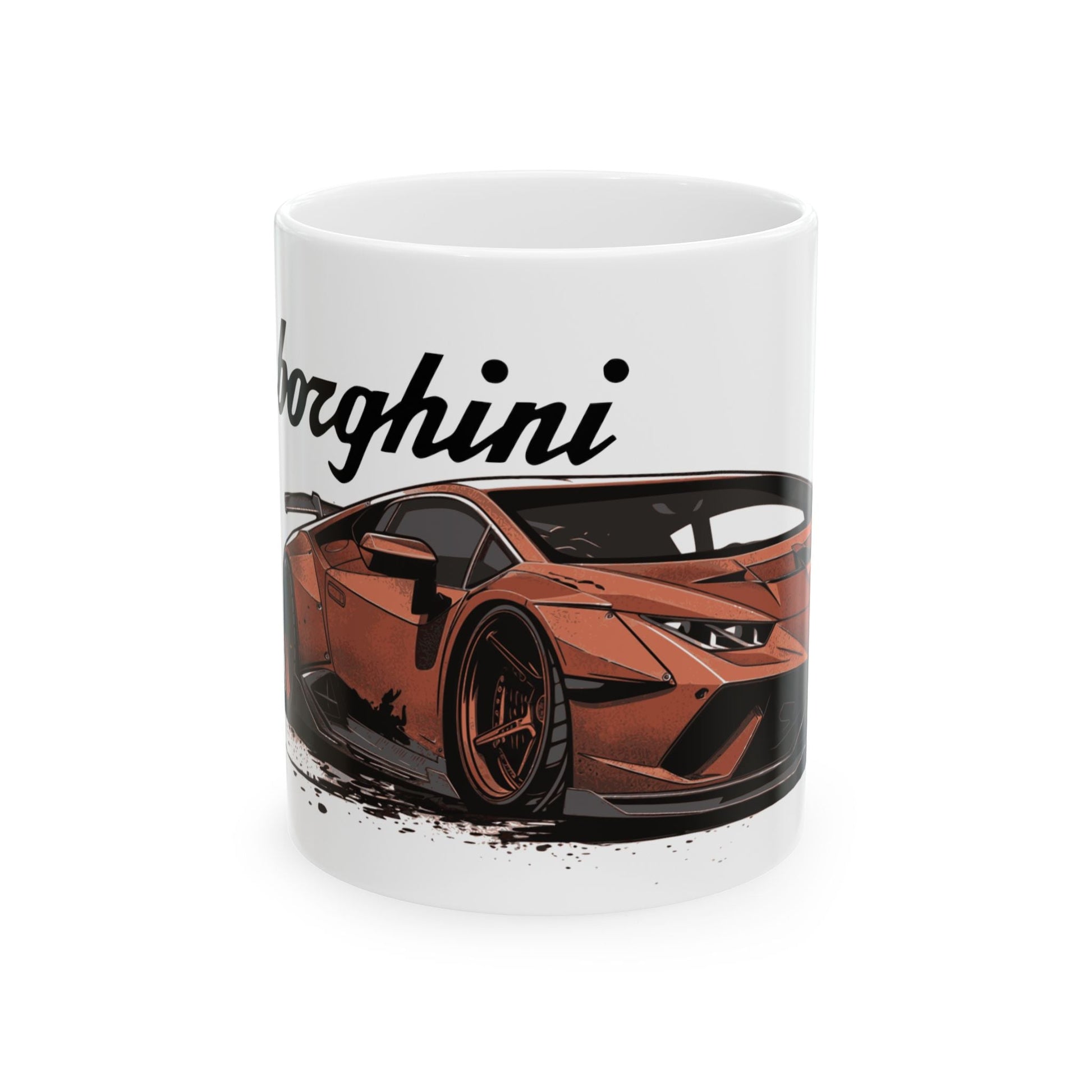 11oz White Coffee Mug with a Lamborghini Huracán with the Lamborghini emblem placed behind the car. 