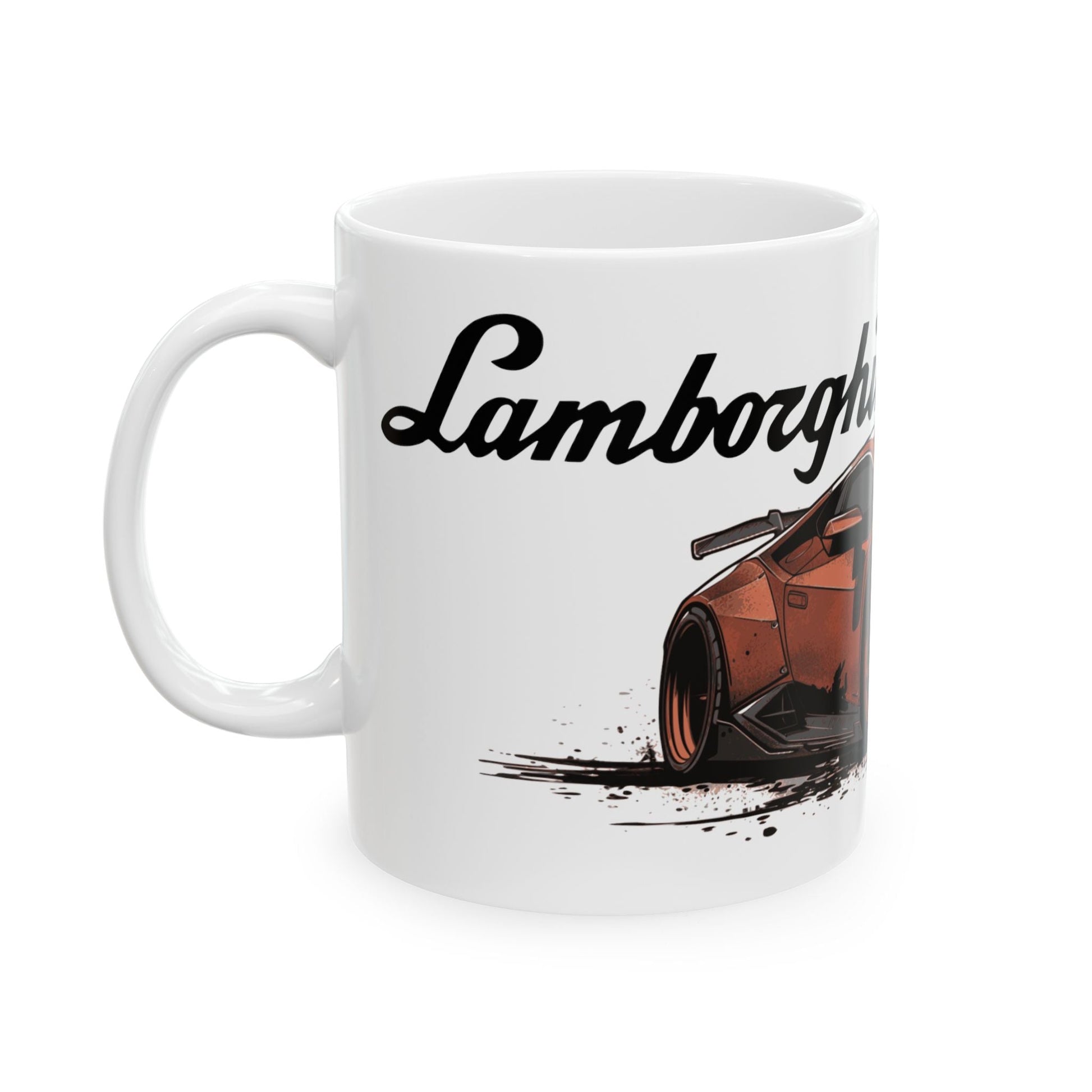 Left view of 11oz White Coffee Mug with a Lamborghini Huracán with the Lamborghini emblem placed behind the car.  