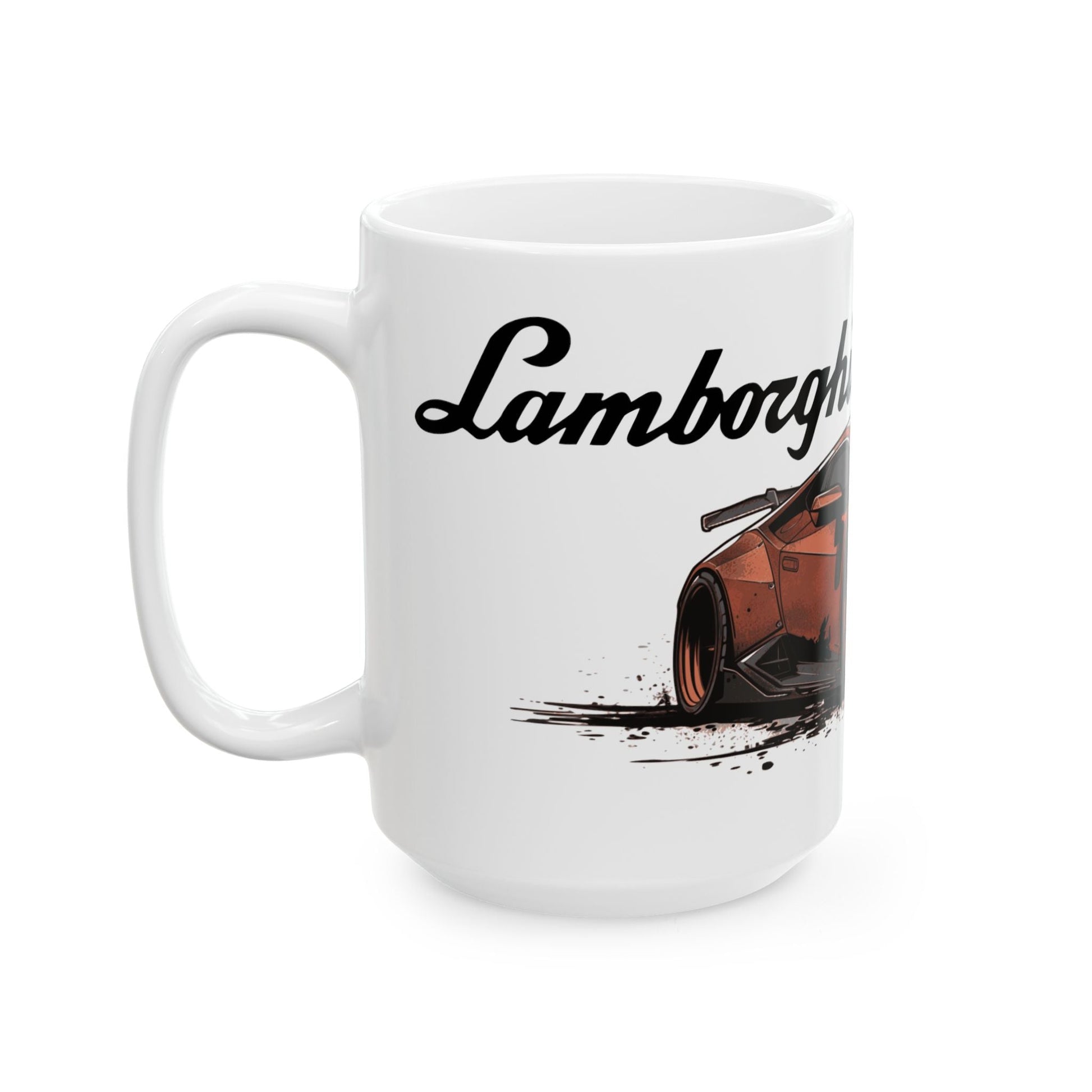 Left side view of the 15oz White Coffee Mug with a Lamborghini Huracán with the Lamborghini emblem placed behind the car. 