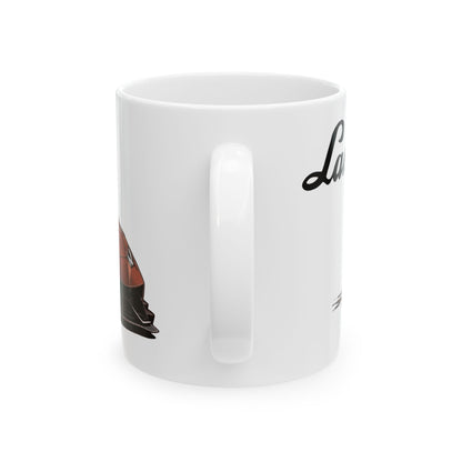 Mug handle view of 11oz White Coffee Mug with a Lamborghini Huracán with the Lamborghini emblem placed behind the car. 