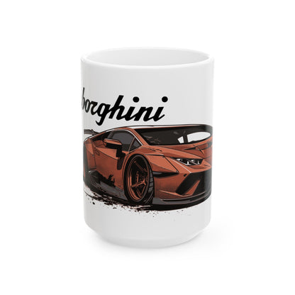 15oz White Coffee Mug with a Lamborghini Huracán with the Lamborghini emblem placed behind the car.   