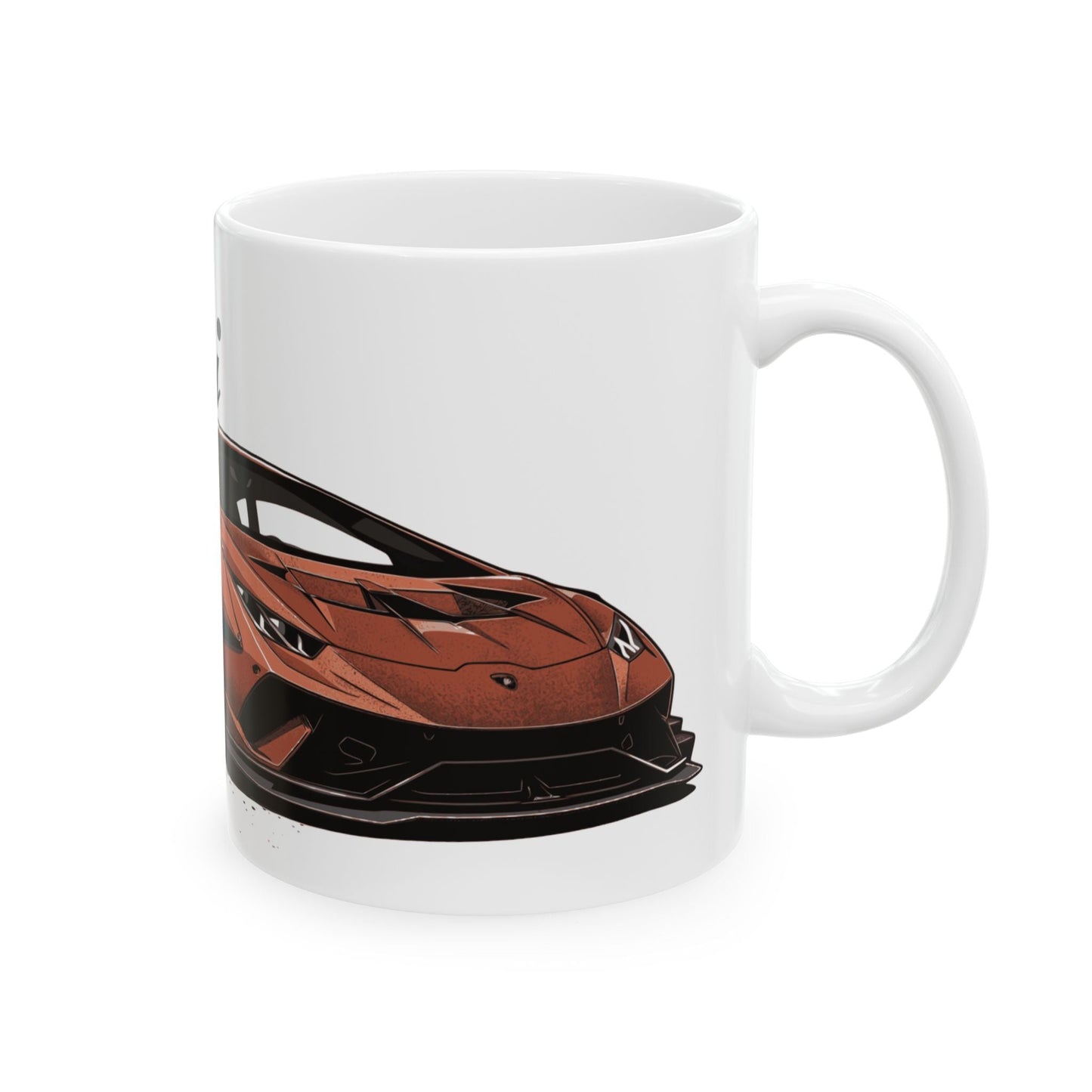 Right view of the 11oz White Coffee Mug with a Lamborghini Huracán with the Lamborghini emblem placed behind the car. 