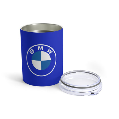 Front view of the San Marino Blue BMW tumbler showing the leak-proof lid beside the Tumbler.