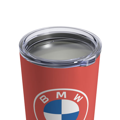 Top view of the Sakhir Orange BMW tumbler showing the leak-proof lid.