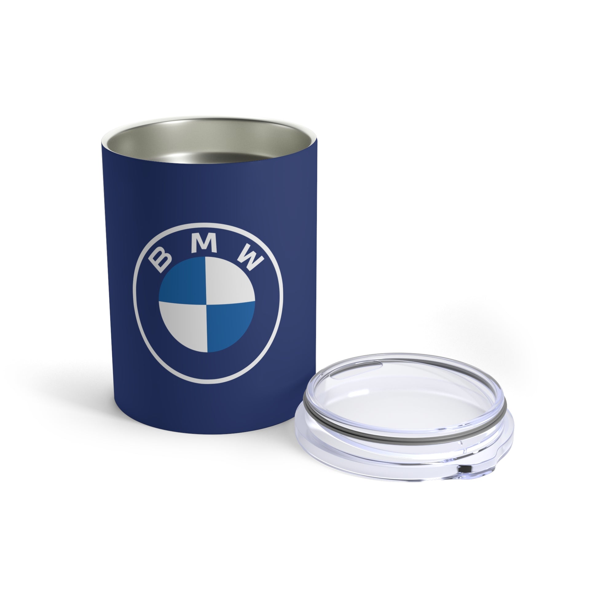 Front view of the Tanzanite Blue BMW tumbler showing the leak-proof lid beside the Tumbler.