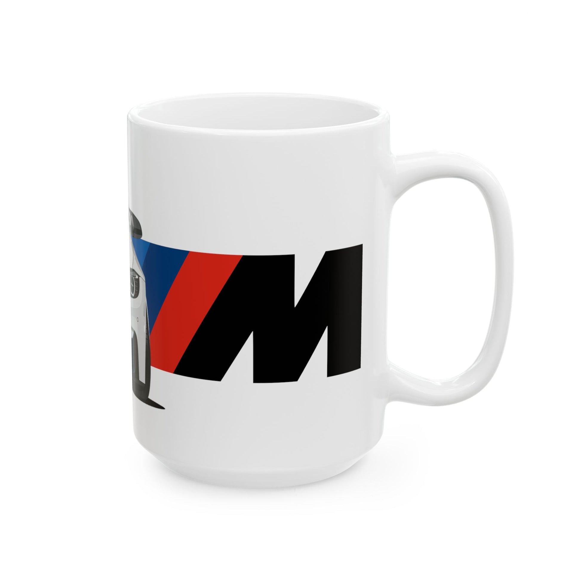 Right side view of the 15oz White Coffee Mug with a White BMW M4 with the M emblem placed behind the car. 