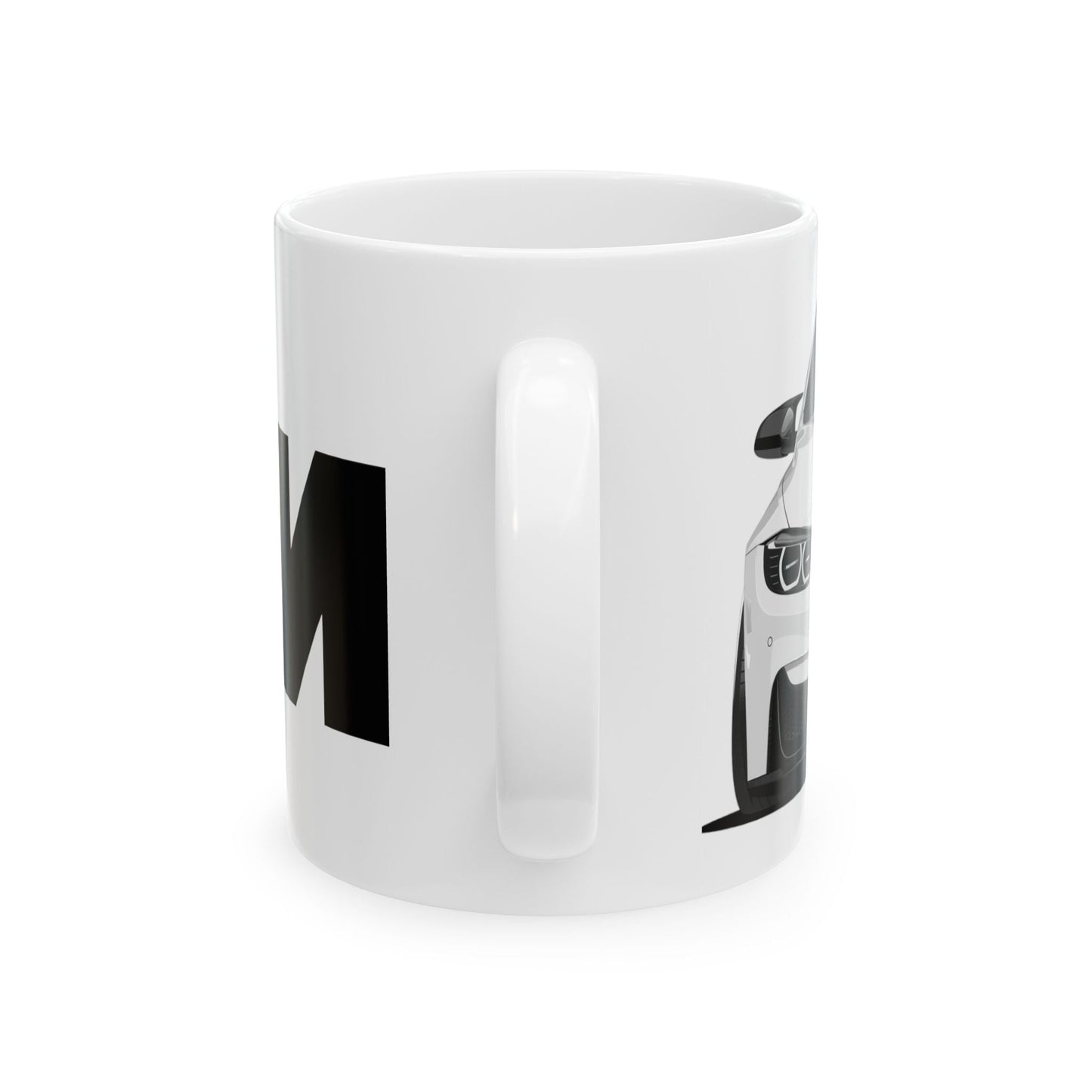 Mug handle view of 11oz White Coffee Mug with a White BMW M4 with the M emblem placed behind the car. 