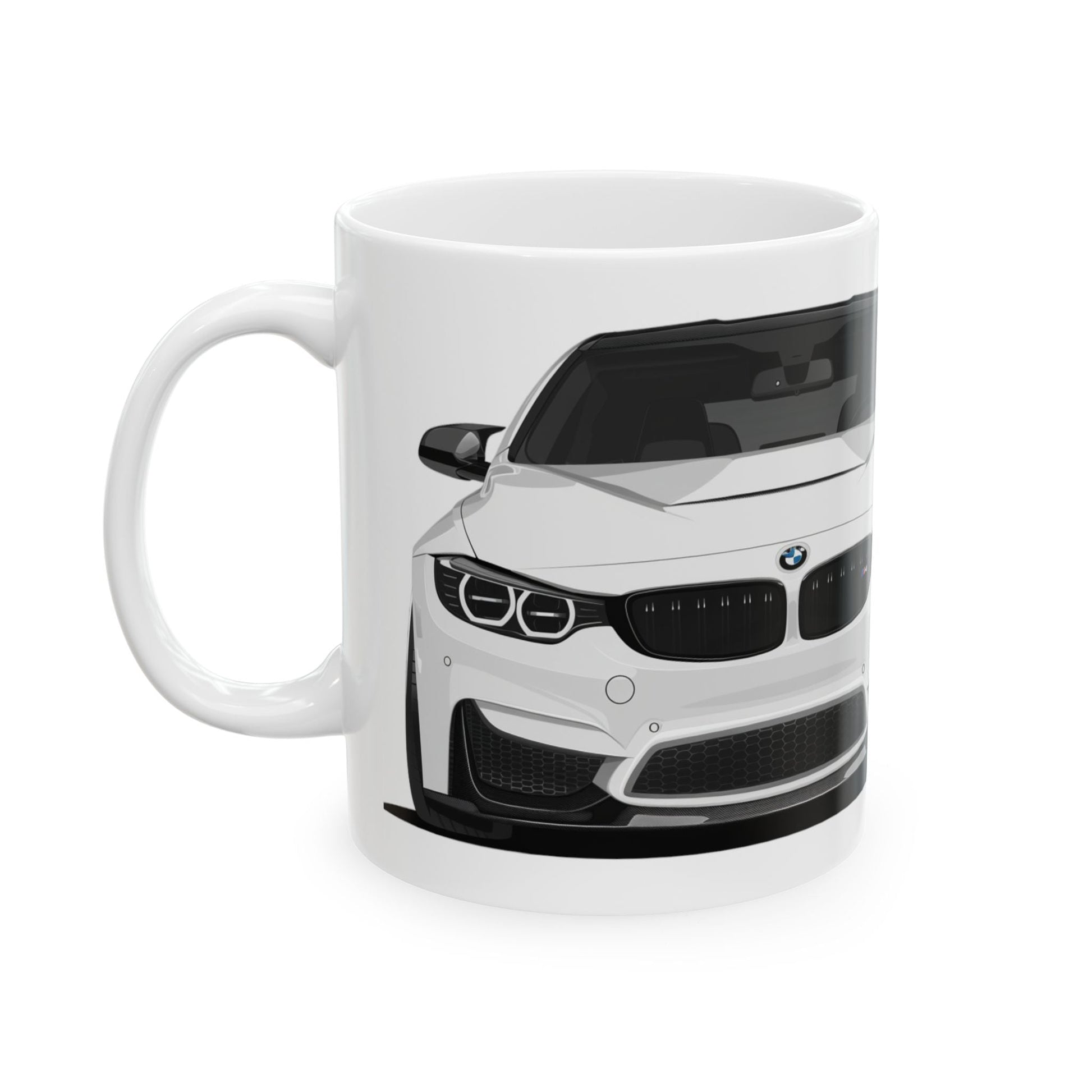 Left view of 11oz White Coffee Mug with a White BMW M4 with the M emblem placed behind the car.  