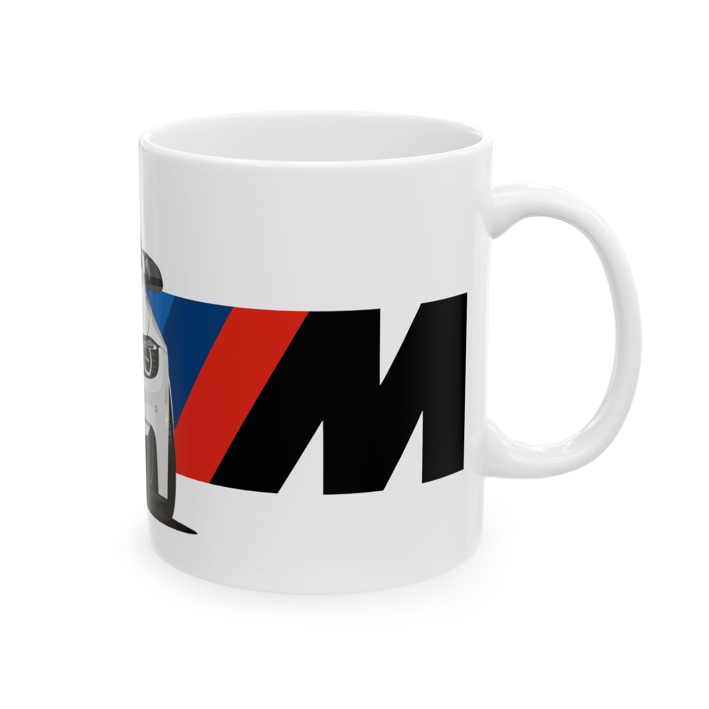 Right view of the 11oz White Coffee Mug with a White BMW M4 with the M emblem placed behind the car. 