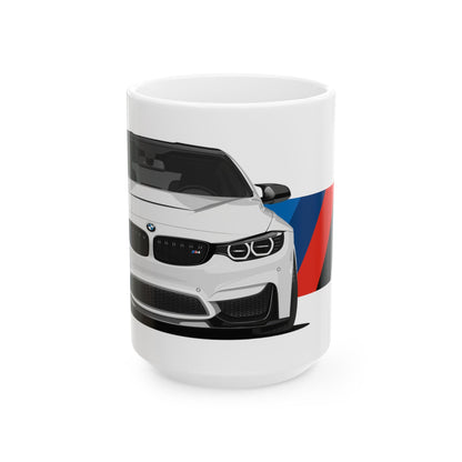 15oz White Coffee Mug with a White BMW M4 with the M emblem placed behind the car.   